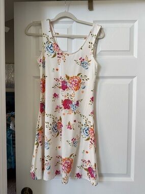 Mudd Cream Floral Scoop Mini Dress with Pink & Blue Blooms